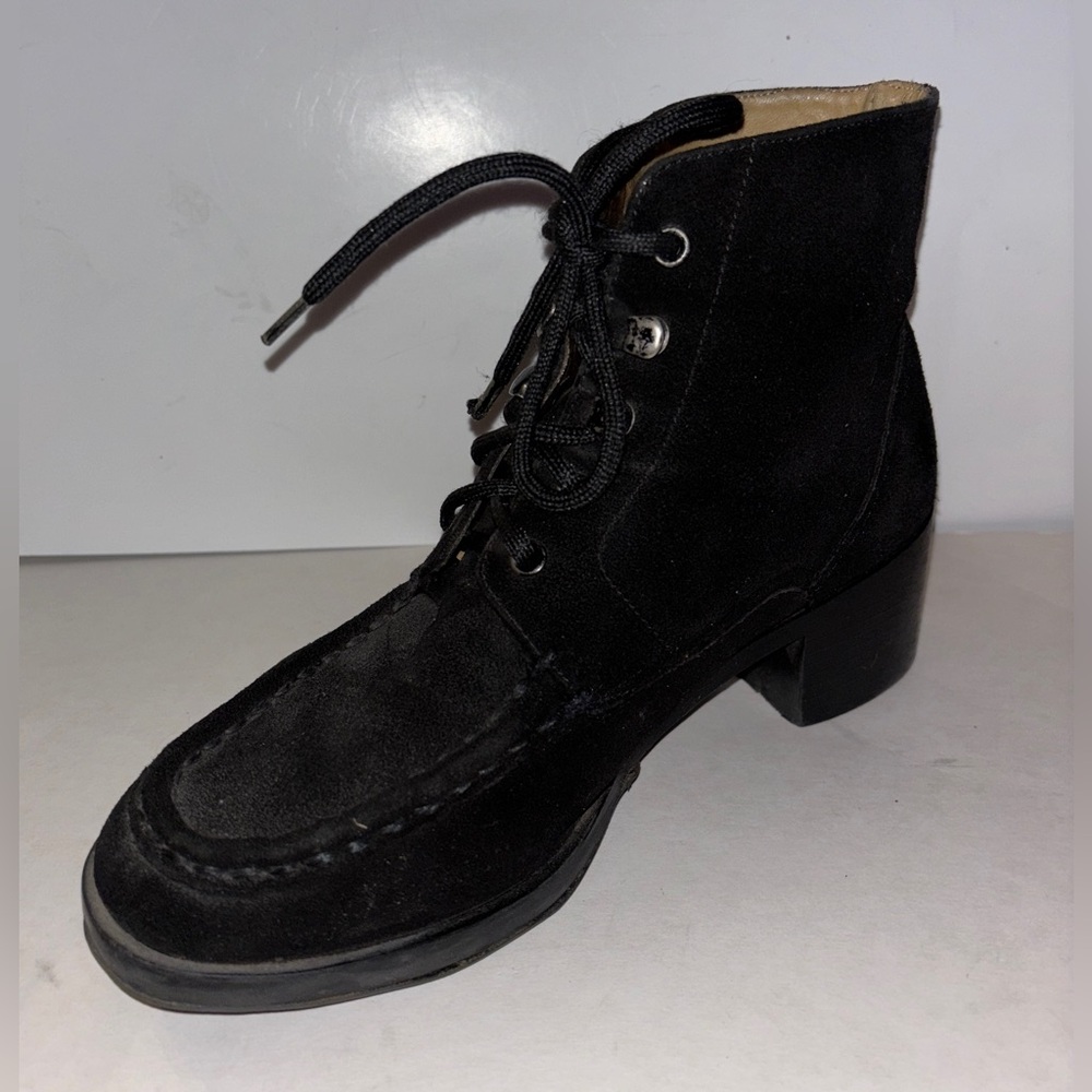 9 & Co Black Suede Lace-Up‎ Ankle Boots Women 7.5 Block Heel Moc Toe Outdoorwear